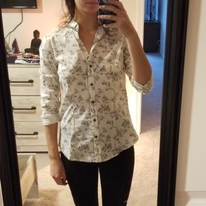 black and white floral button up